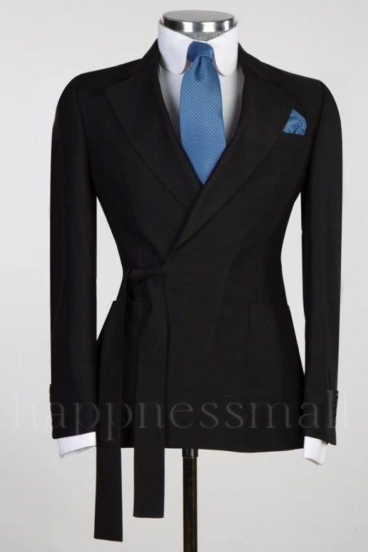 Chic Black Notched Lapel Two Pieces Prom Suits With Belt | Happnessmall
