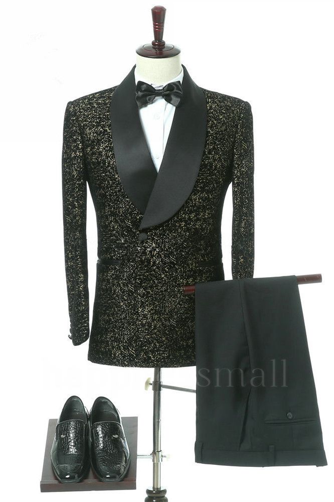 Unique Black Slim Fit Shawl Lapel Double Breasted Wedding Groom Suits