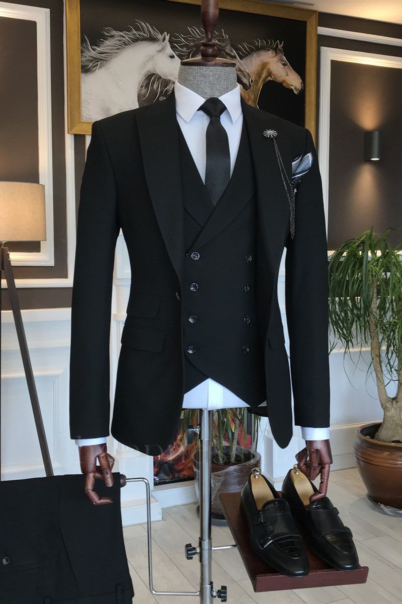 Pericles Newest All Black 3-Pieces Peaked Lapel Men's Business Suits
