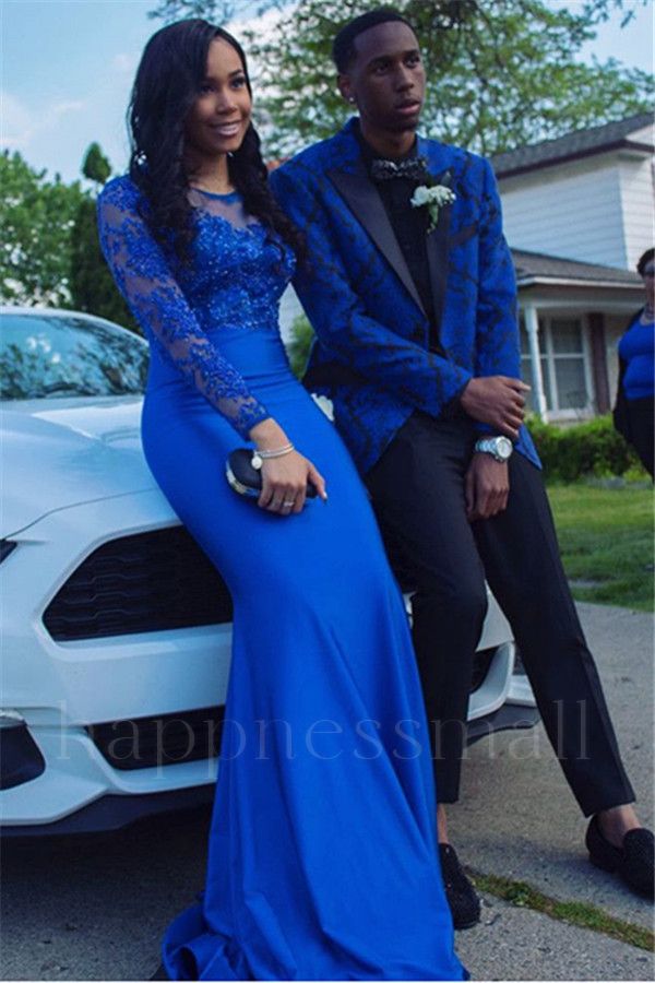Popular Royal Blue Jacquard Prom Men's Suits with Black Lapel