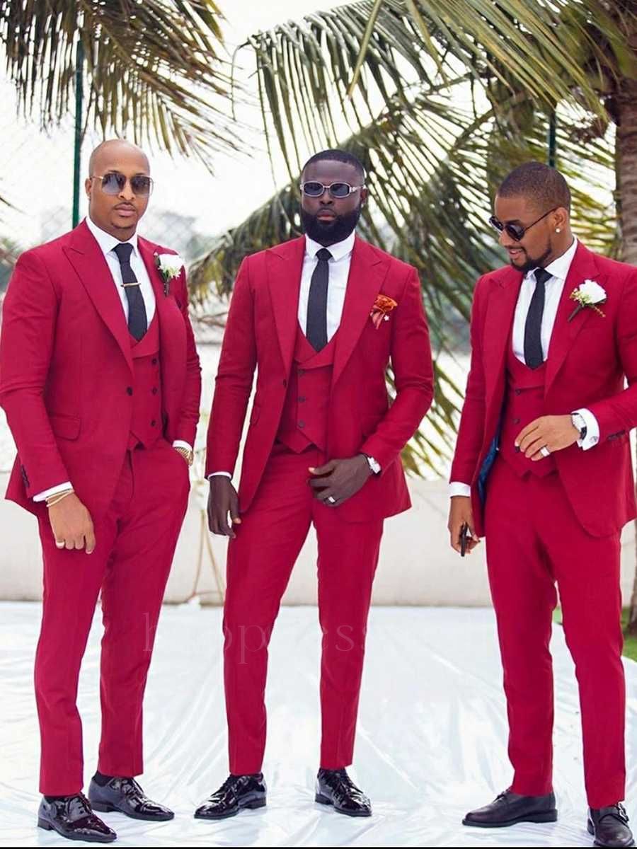 Arlo Popular Red Slim Fit 3 Pieces Wedding Groomsmen Suit with Peaked Lapel