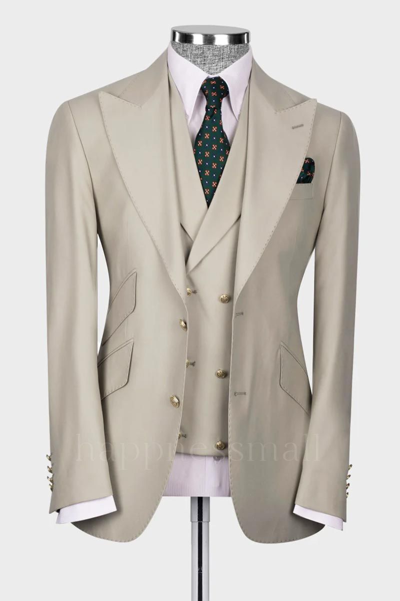 Stylish Cream 3 Piece Peaked Lapel Slim Fit Men Suits With Classic Vest