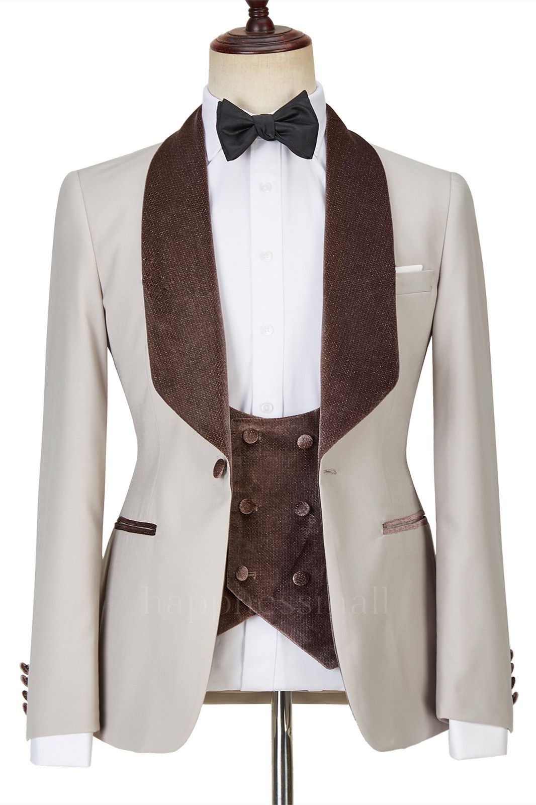 Fashionable Light Champagne Slim Fit Shawl Lapel Shiny  Three Pieces Men Suits | Happnessmall