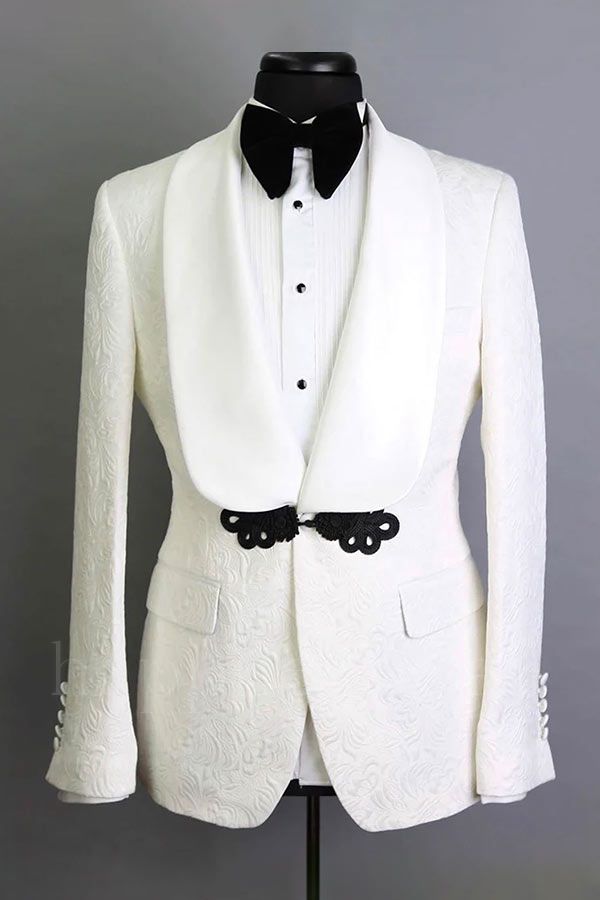 Modern White Shawl Lapel Jacquard Groom Suits | Elegant Slim Fit Tuxedos for Wedding 2 Pieces