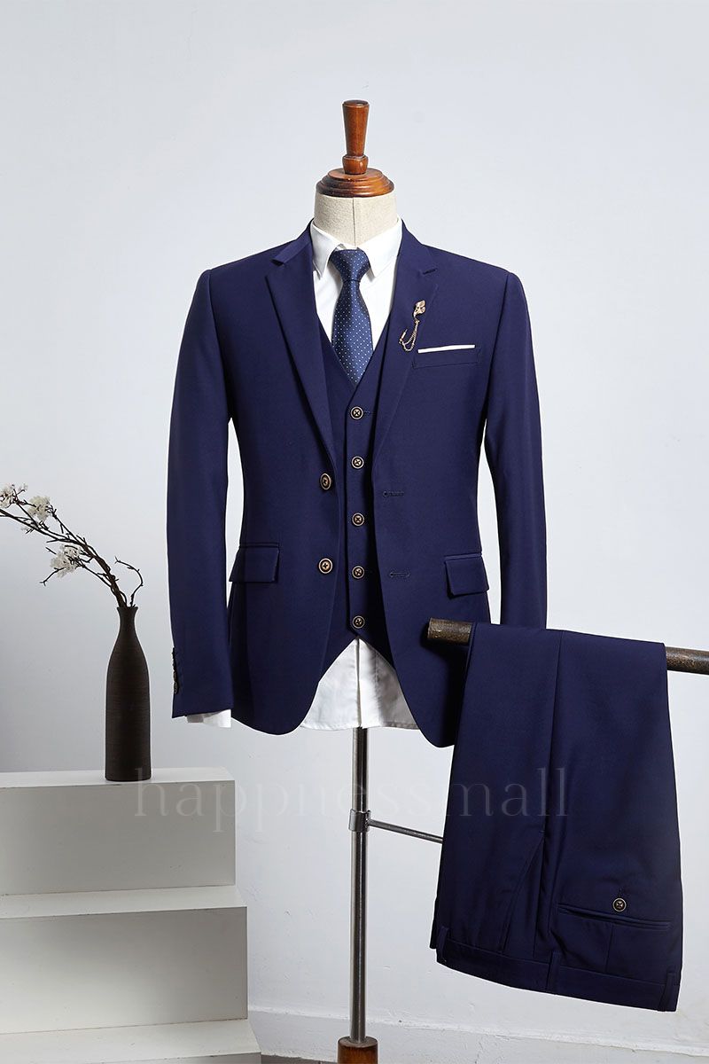 William Trendy Navy Blue 3 Pieces Slim Fit Tailored Business Suit