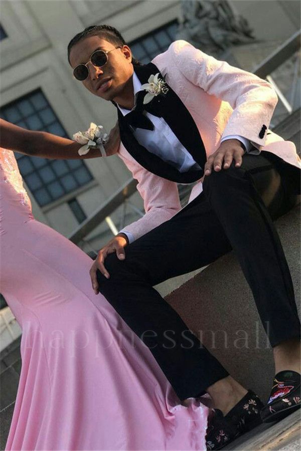 Silas Lastest Pink Jacquard Men Suit | One Button Prom Suit with Black Shawl Lapel