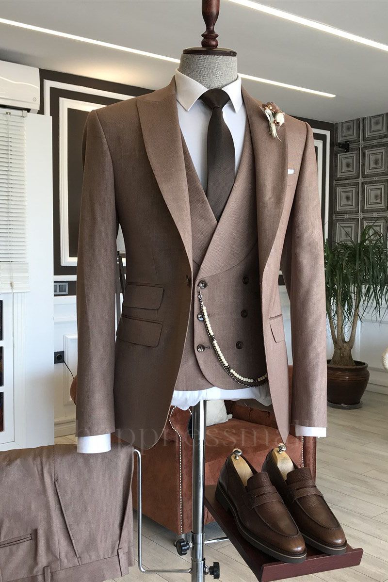 Happnessmall Chic rosy brown double breasted 3-pieces  Man's Business Suit