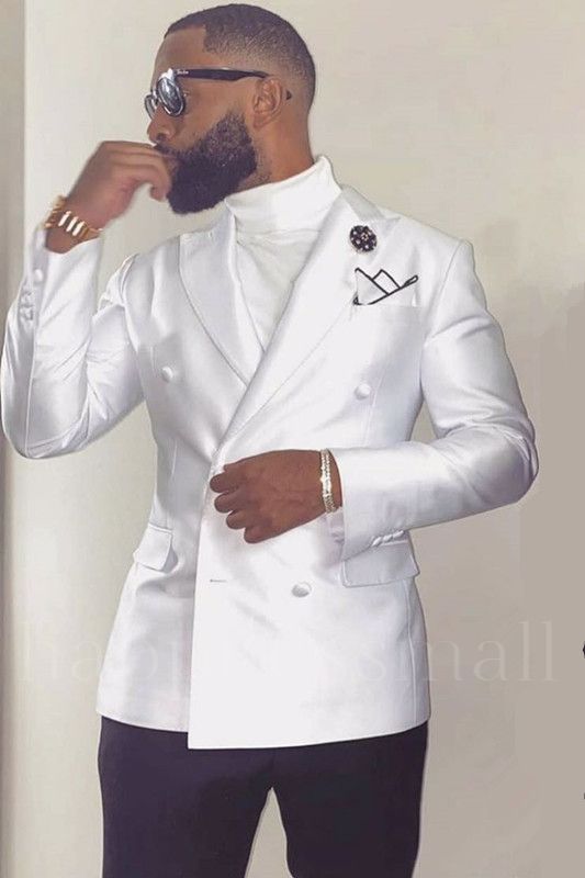 Hudson Popular White Double Breasted Peaked Lapel Wedding Groom Suits