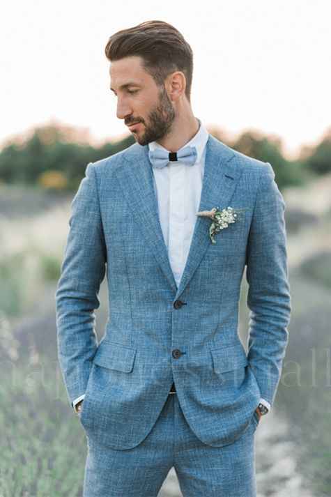 Ocean Blue Linen Summer Beach Groom Wedding Set | Two Button Casual Suit