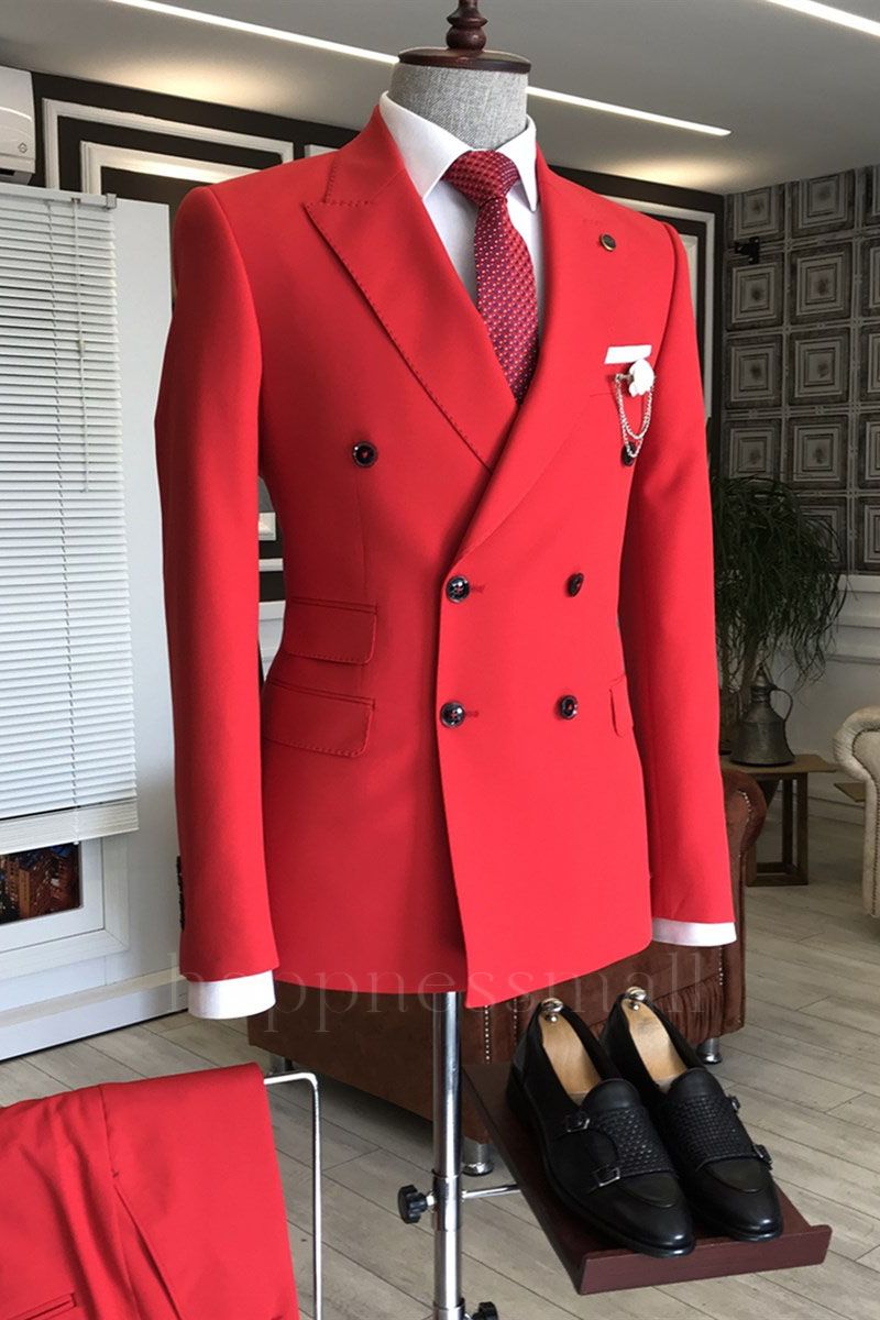 Custome Red Peaked Lapel Double Breasted Bespoke Slim Fit Prom Men Suits  | happnessmall