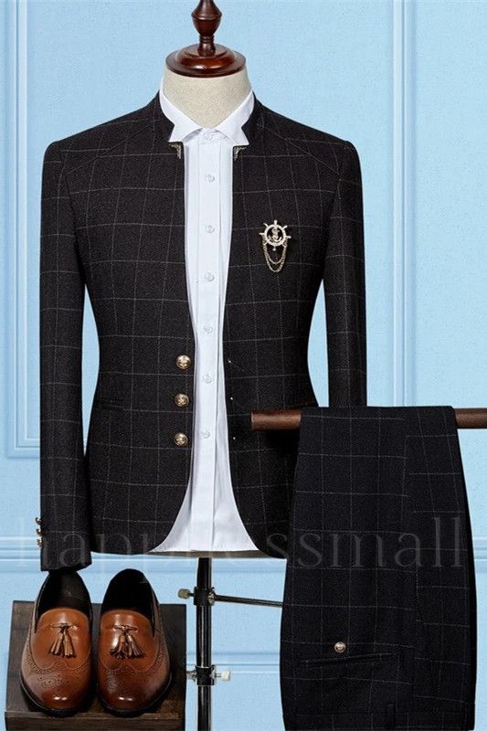 Aria Stylish Black Slim Sit Two Pieces Plaid Men Suits Online