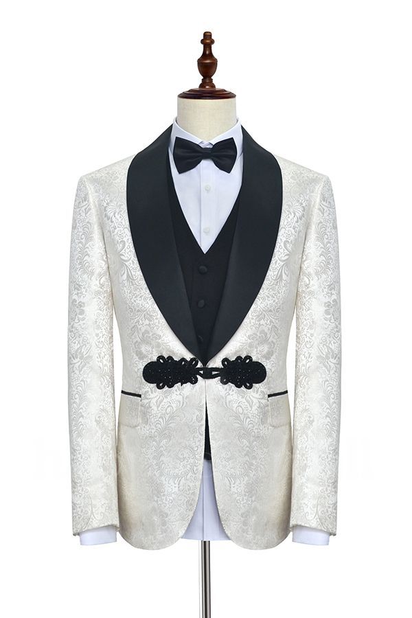 Gorgeous Knitted Button Black Shawl Lapel Three Piece White Jacquard Wedding Tuxedo for Men