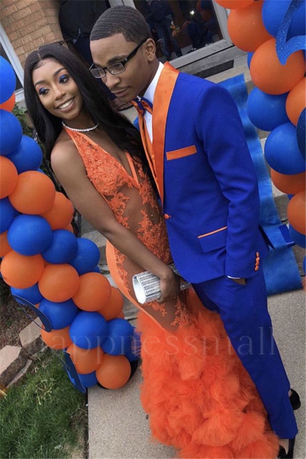 Stellan Chic Royal Blue Slim Fit Prom Men Suit with Orange Lapel
