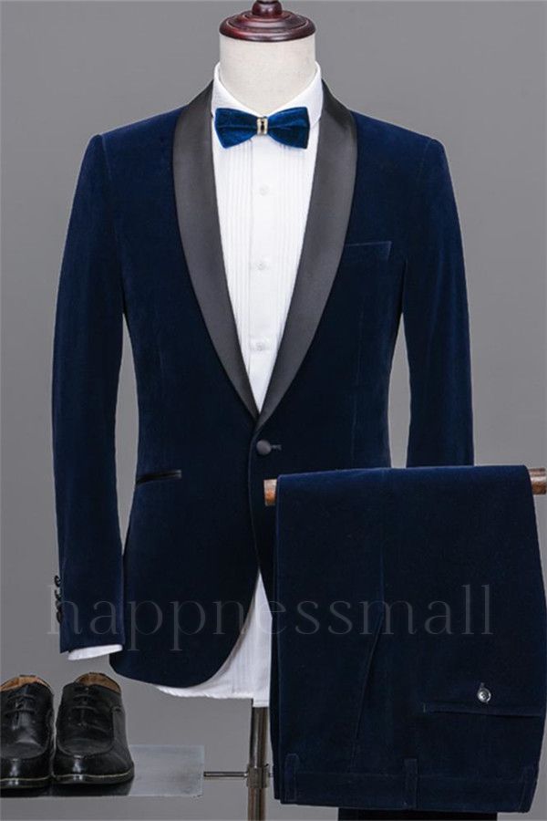 Dash Trendy Navy Blue 2 Pieces Shawl Lapel Velvet Prom Suits