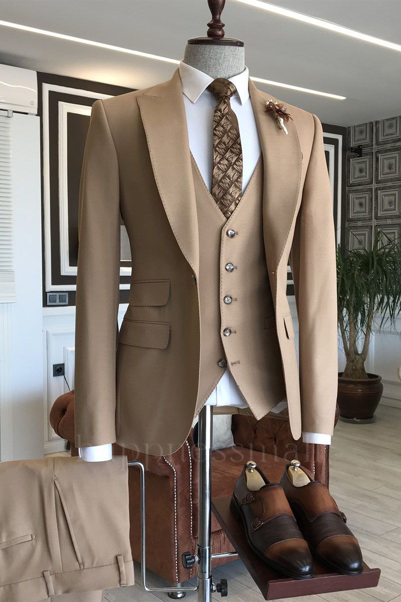 Nicolasia New Arrival Solid Brown Peaked Lapel Slim Fit Business Suits For Men