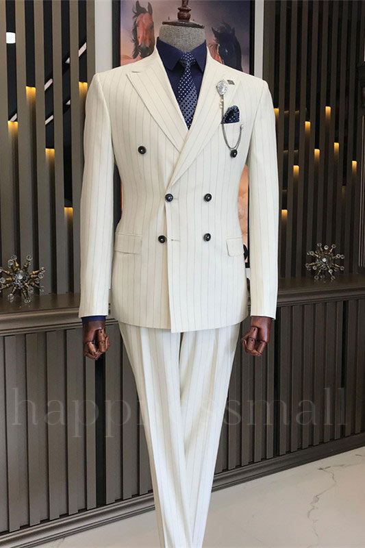 Elegant White Double Breasted Peaked Lapel Prom Men Suits | Happnessmall