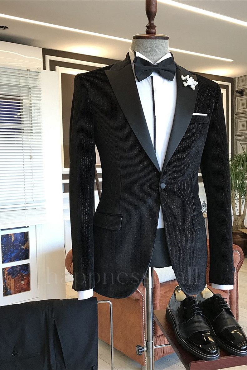Classical Black Sparkle Stripes Peaked Lapel Men Suits | happnessmall
