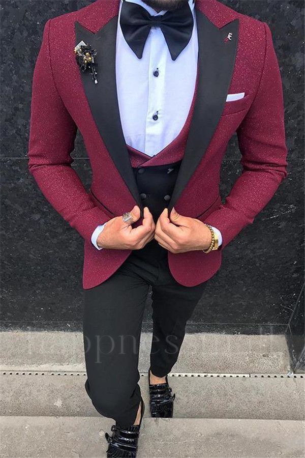 Olivia Burgundy Slim Fit Peaked Lapel Three-Piece Men Suits Online