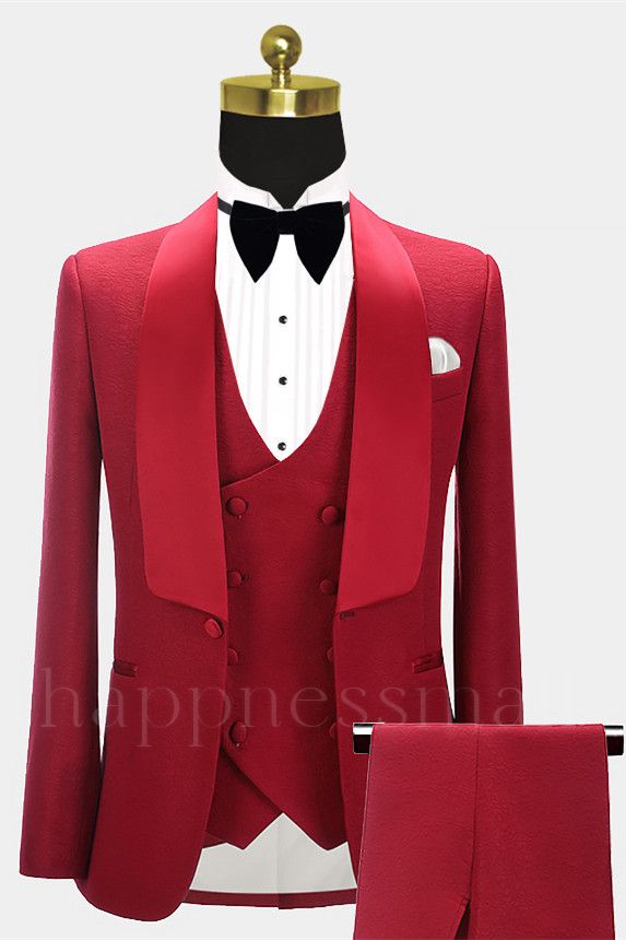 Unique Red Three Pieces Fashion Shawl Lapel Wedding Grooms Suits | happnessmall