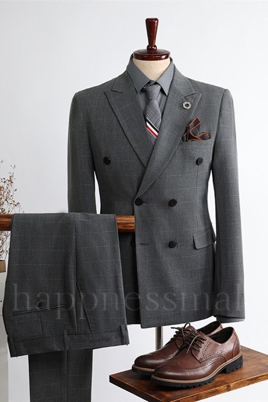 Popular  Dark Gary Peaked Lapel Double Breasted Plaid Men Suits | happnessmall