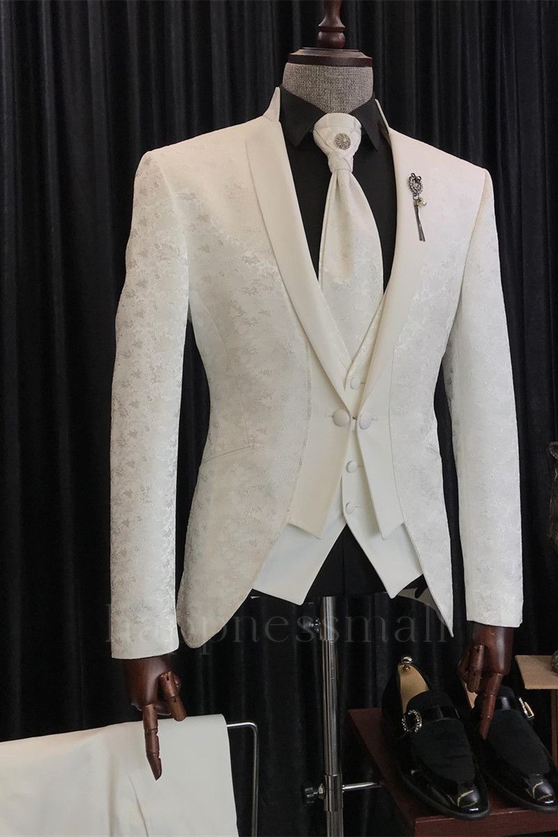 New Fashion White Jacquard 3-Pieces Wedding Suits With Special Lapel | Happnessmall