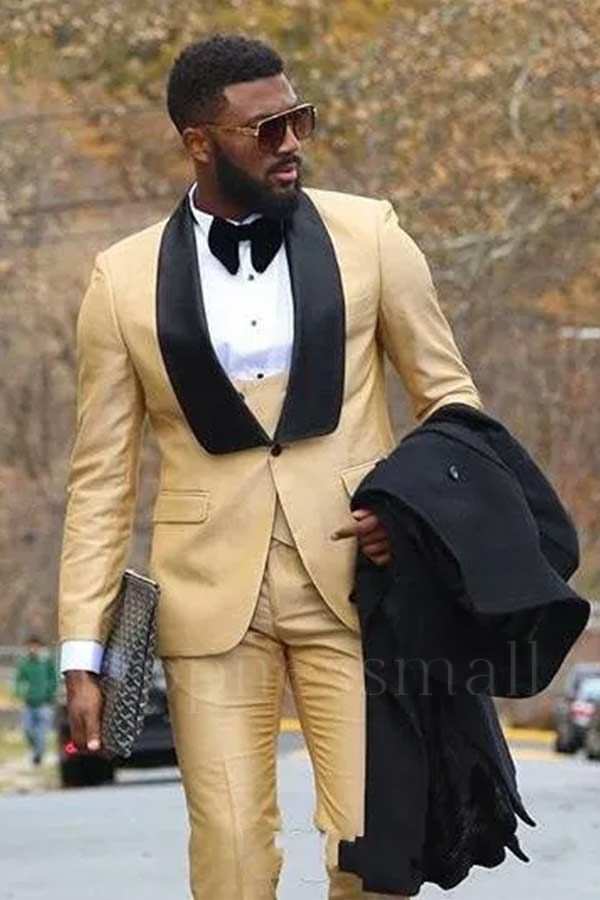 Ryder Champagne Three Piece Formal Business Men Suit with Black Knife Collar