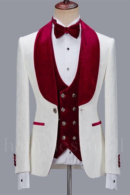Prokopiou White Chic Jacquard Three Pieces Wedding Suit With Red Velvet Lapel