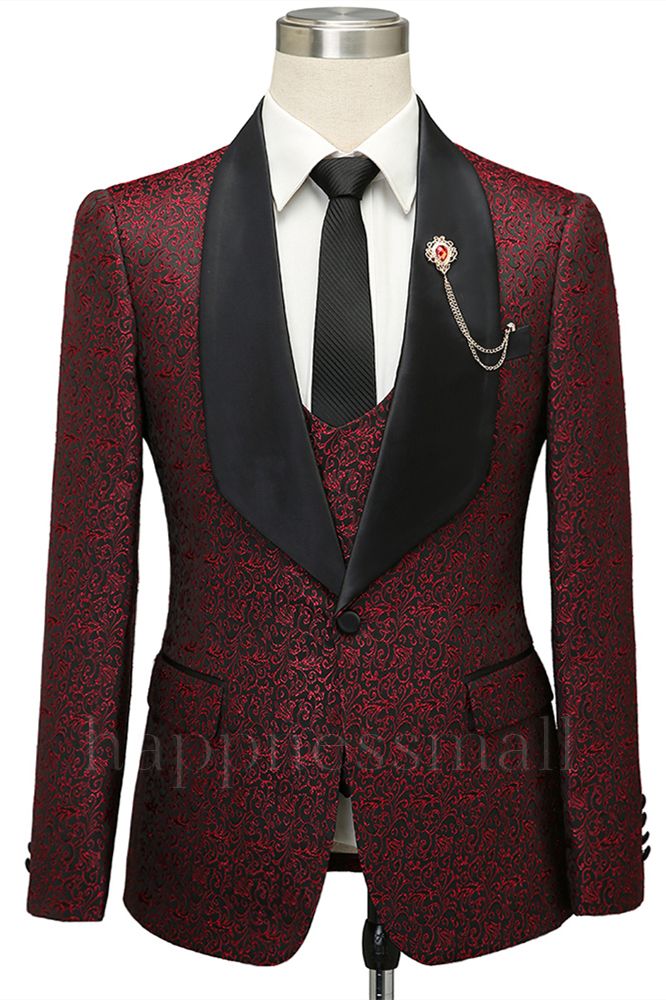 Fashionable Burgundy single button shawl lapel jacquard groom set