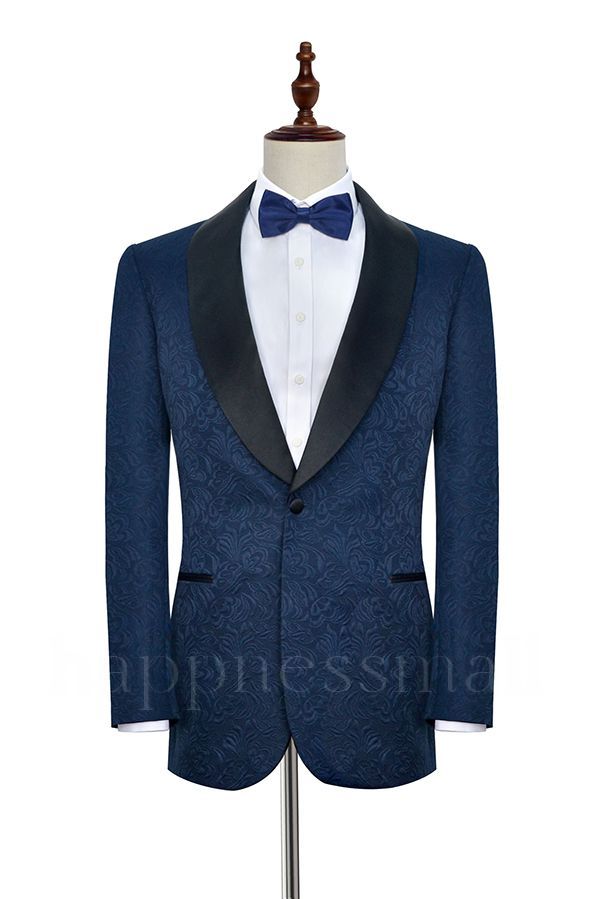 Navy Blue Jacquard Black Silk Shawl Lapel  Mens Suits for Weddings and Prom