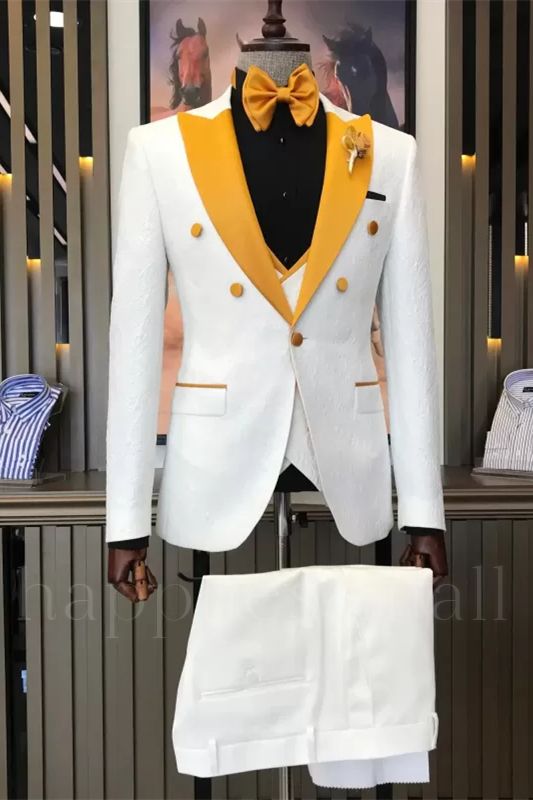 Chic White Three Pieces Prom Suits With Gold Peaked Lapel | Happnessmall