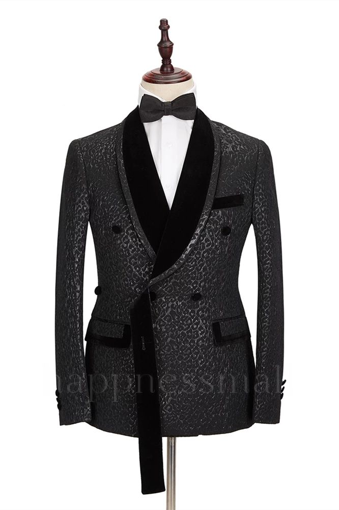 Fashion  Lapel Double Breasted Prom Suit | Belt Leopard Black Jacquard Men's Suit for Wedding