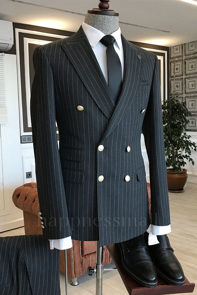 Vasilis Stylish Black Peaked Lapel Double Breasted Striped Men'S Business Suit