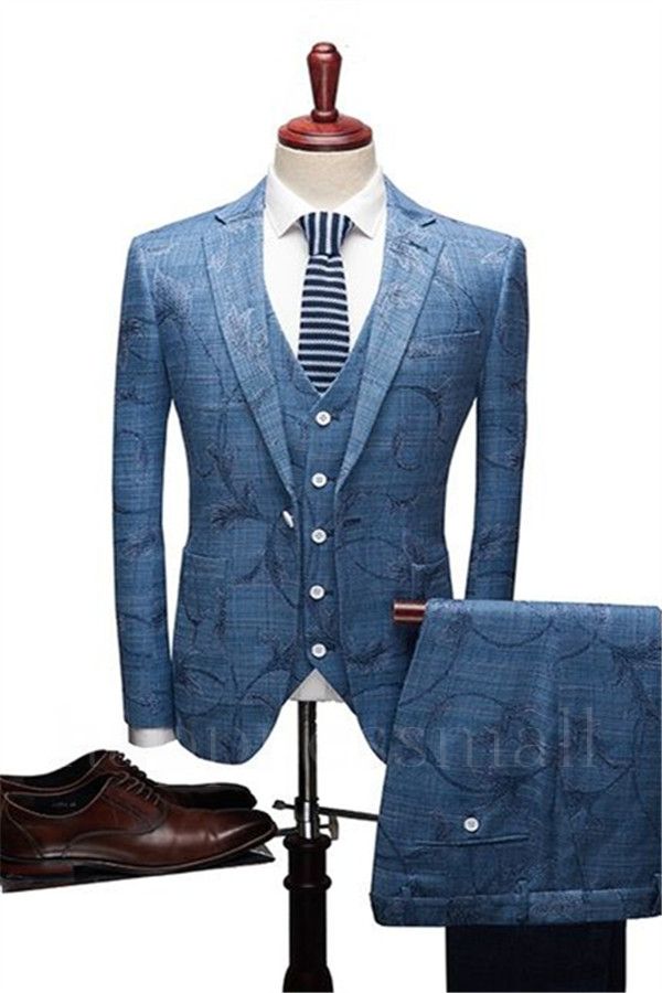 Chic Ocean Blue Wood Business Men Suits | Notched Lapel Print Tuxedo