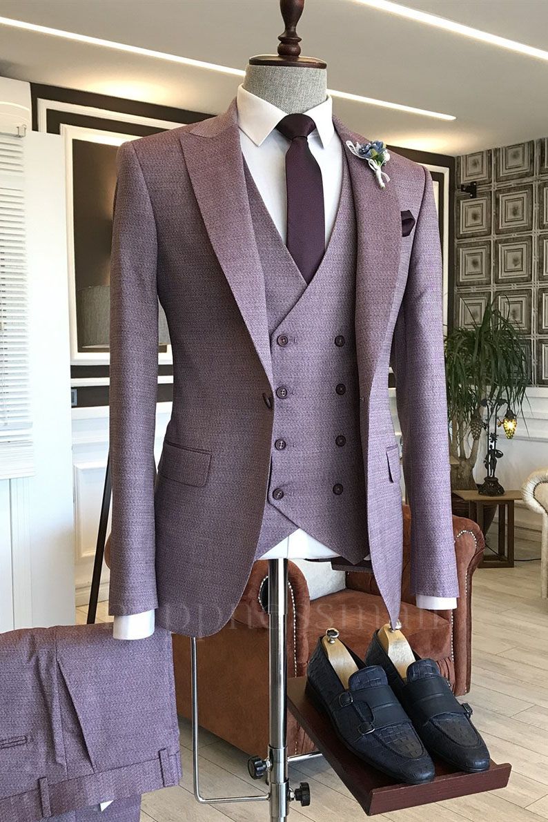 Evelyn Newest Purple Small Plaid Peaked Lapel One Button Bespoke Prom Men Suits