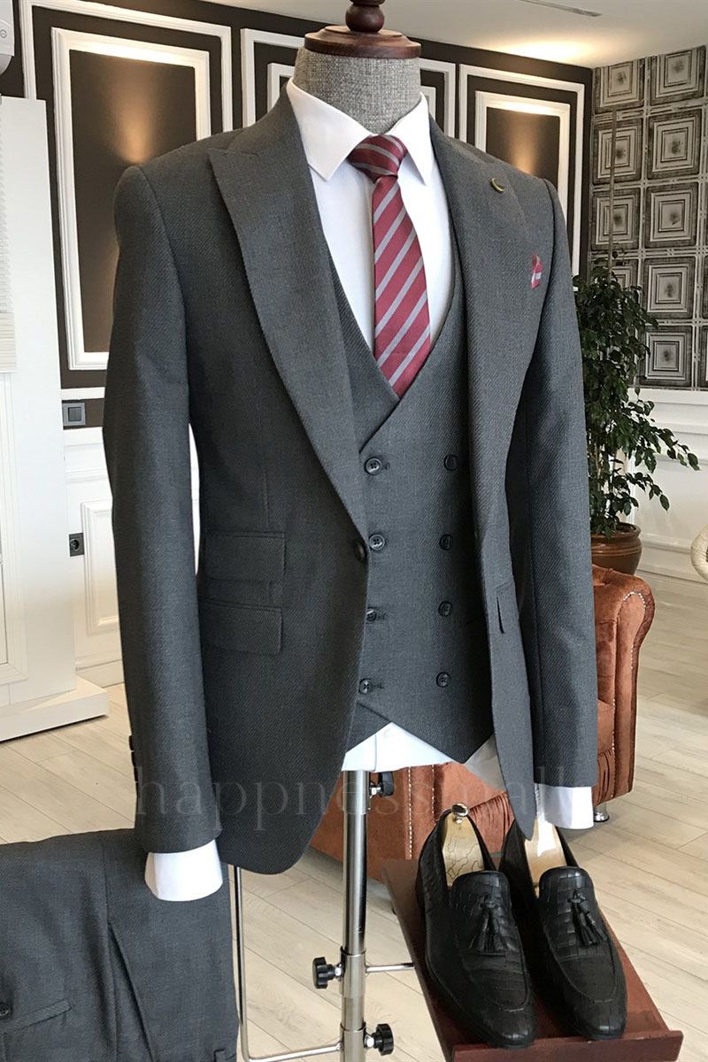 Popular Dark gray 3-Pieces Peaked Lapel Business Men Suits