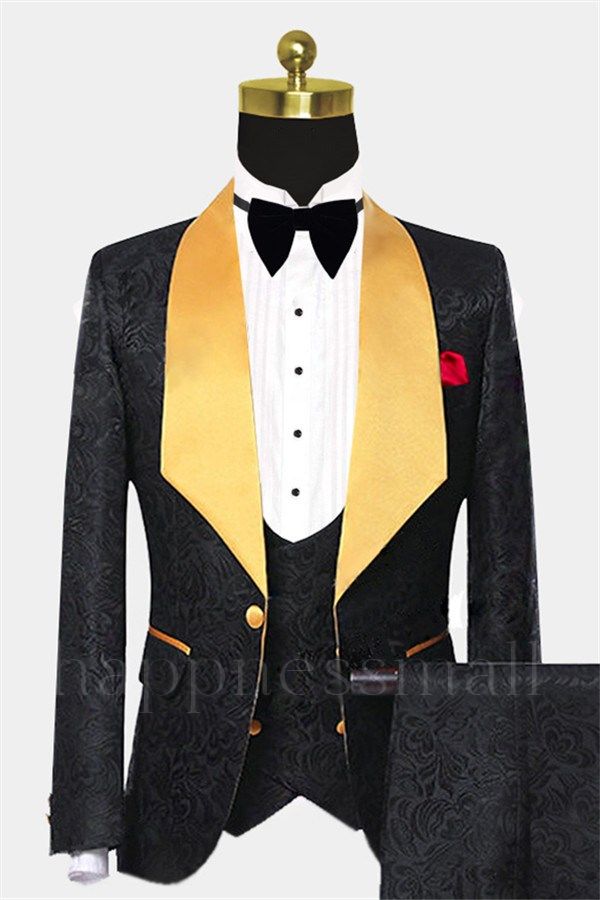 Gorgeous Black Jacquard Tuxedo with Gold Shawl Lapel | Three Pieces Men Suits