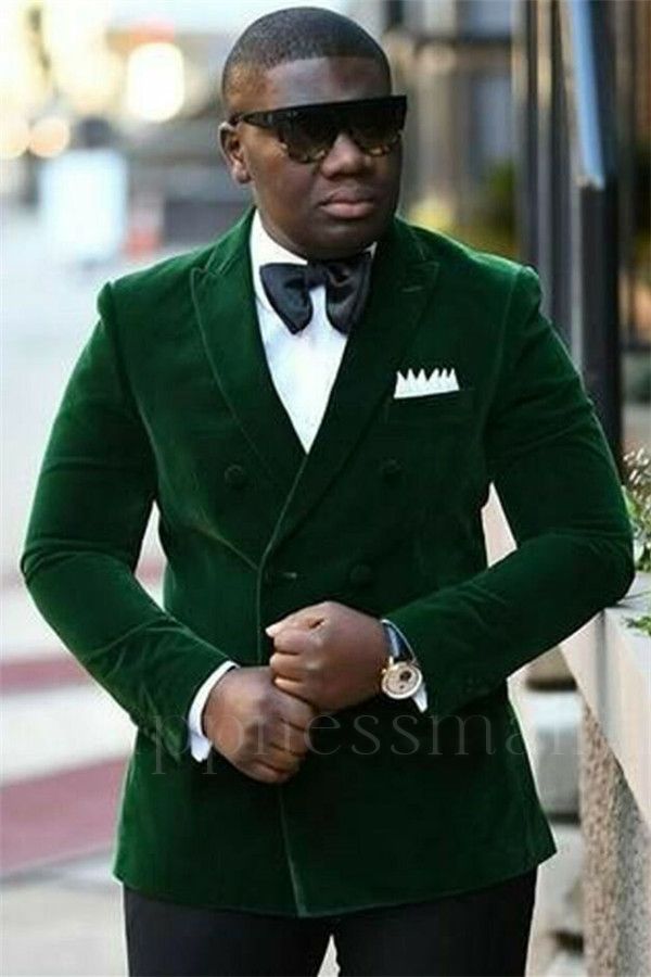 Maddox Dark Green Velvet Double Breasted Peaked Lapel Prom Men's Suit
