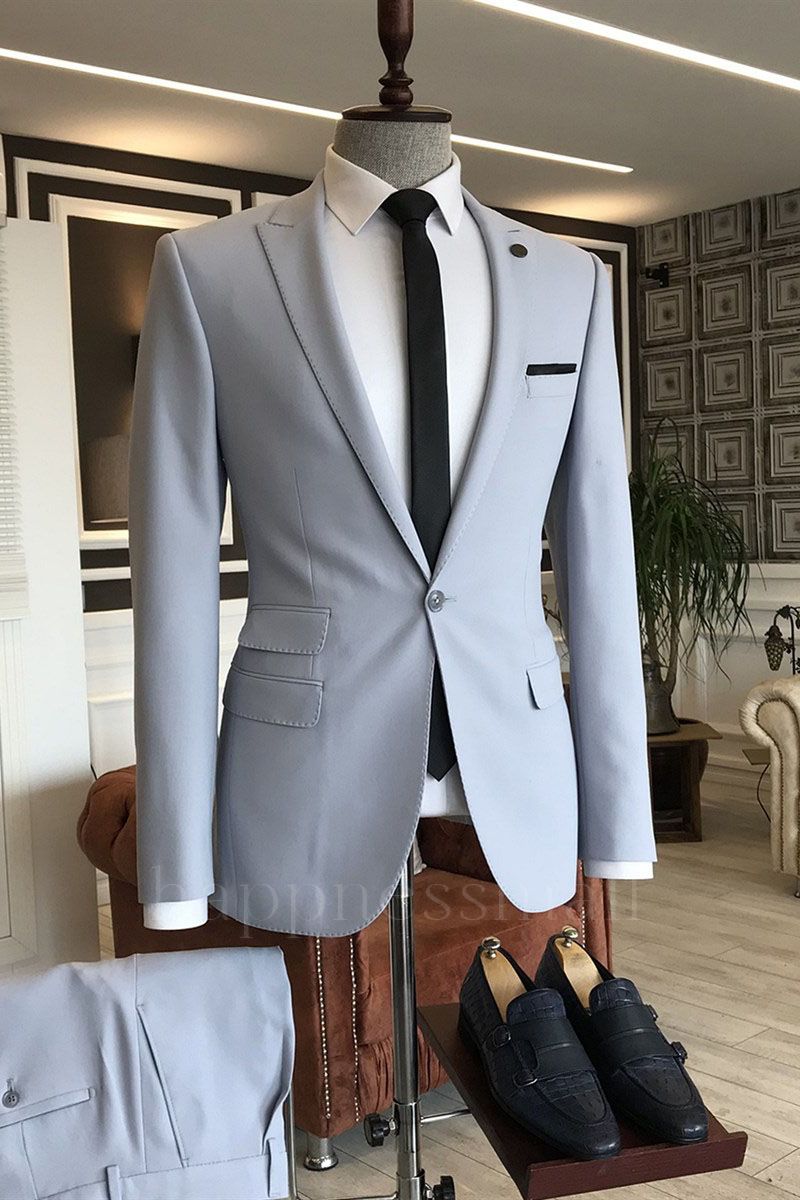 New Silver Peaked Lapel One Button 3 flaps Business Men Suits | Happnessmall