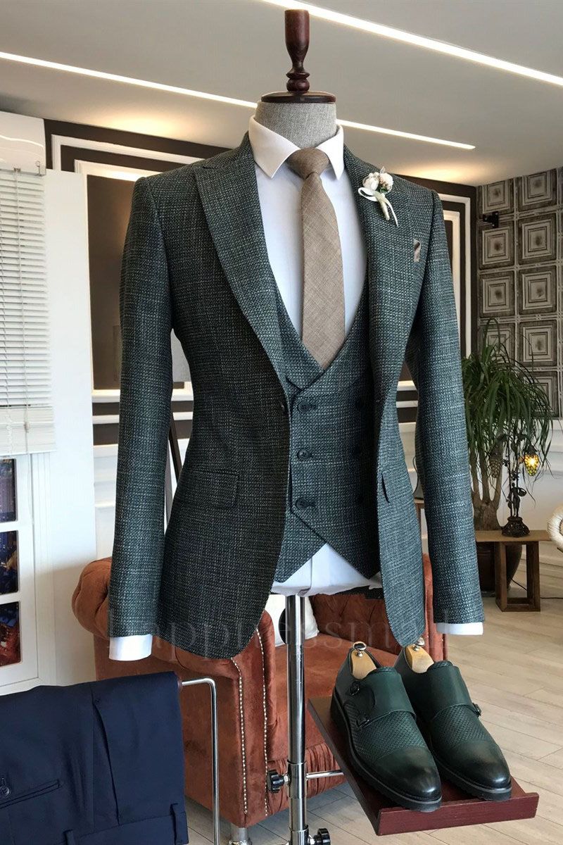 Scarlett Formal Black Plaid 3-Pieces Peaked Lapel Slim Fit Business Suits For Men