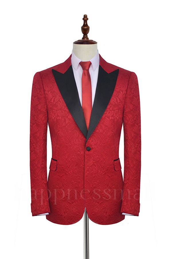 Chic Bright Red Jacquard Peak Lapel with Black Silk Mens Suits | Happnessmall