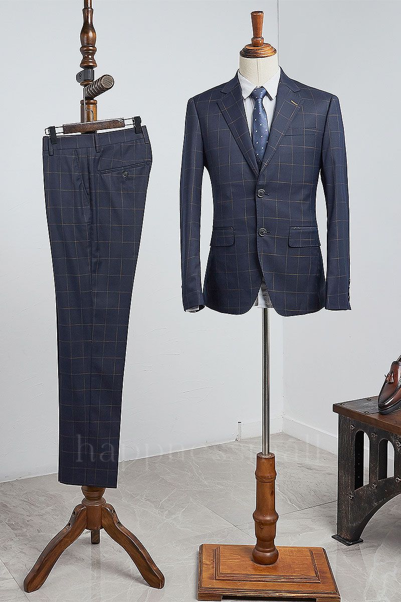 Achilles Gentle Navy Blue Plaid 2 Pieces Slim Fit Business Suit