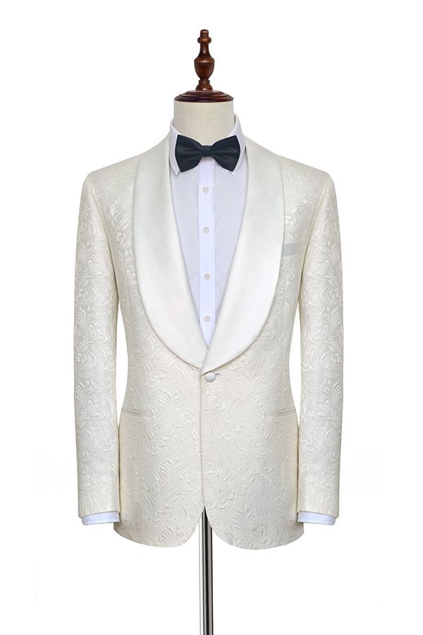 Xander Trendy Jacquard White Tuxedos for Wedding | Silk Shawl Lapel One Button Wedding Suit for Men