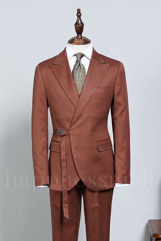 Stylish Caramel With Adjustable Belt Slim Fit Business Suit For Men
