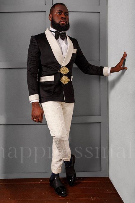 Kostas Chic Black Knitted Button Jacquard Wedding Suits for Groom