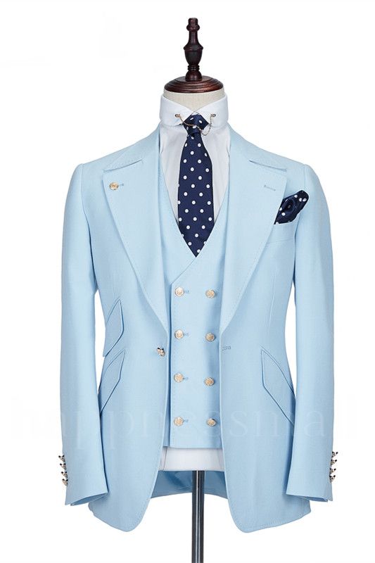 Elegant Shape Sky Blue Stylish Peaked Lapel Best Fit Men Suit for Prom