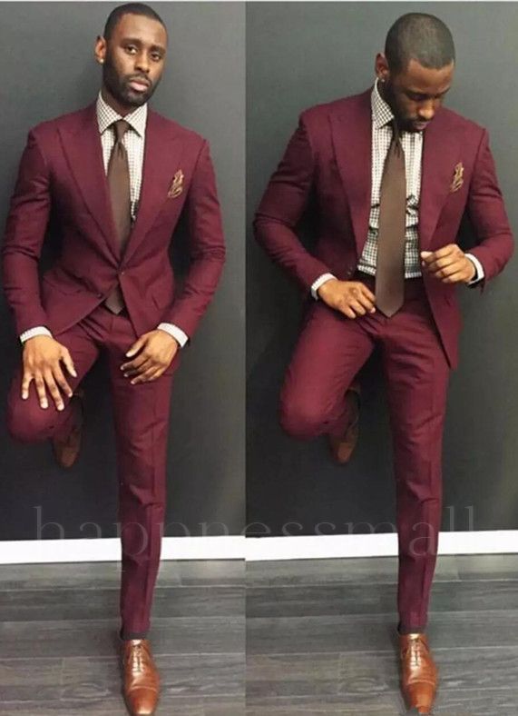Maverick Simple Burgundy Slim Fit Peaked Lapel 2-Piece Mens Suit