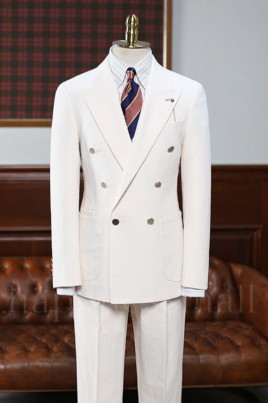 Emma Fashion White Peaked Lapel Double Breasted Business Suit For Men