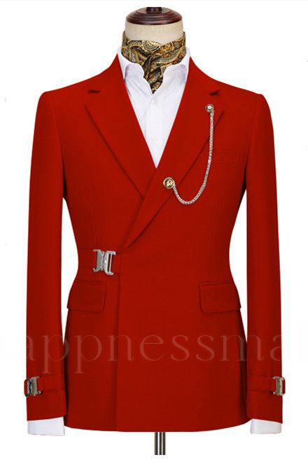 Classical Red Notched Lapel Two Pieces Men Suit For Business with Buckle