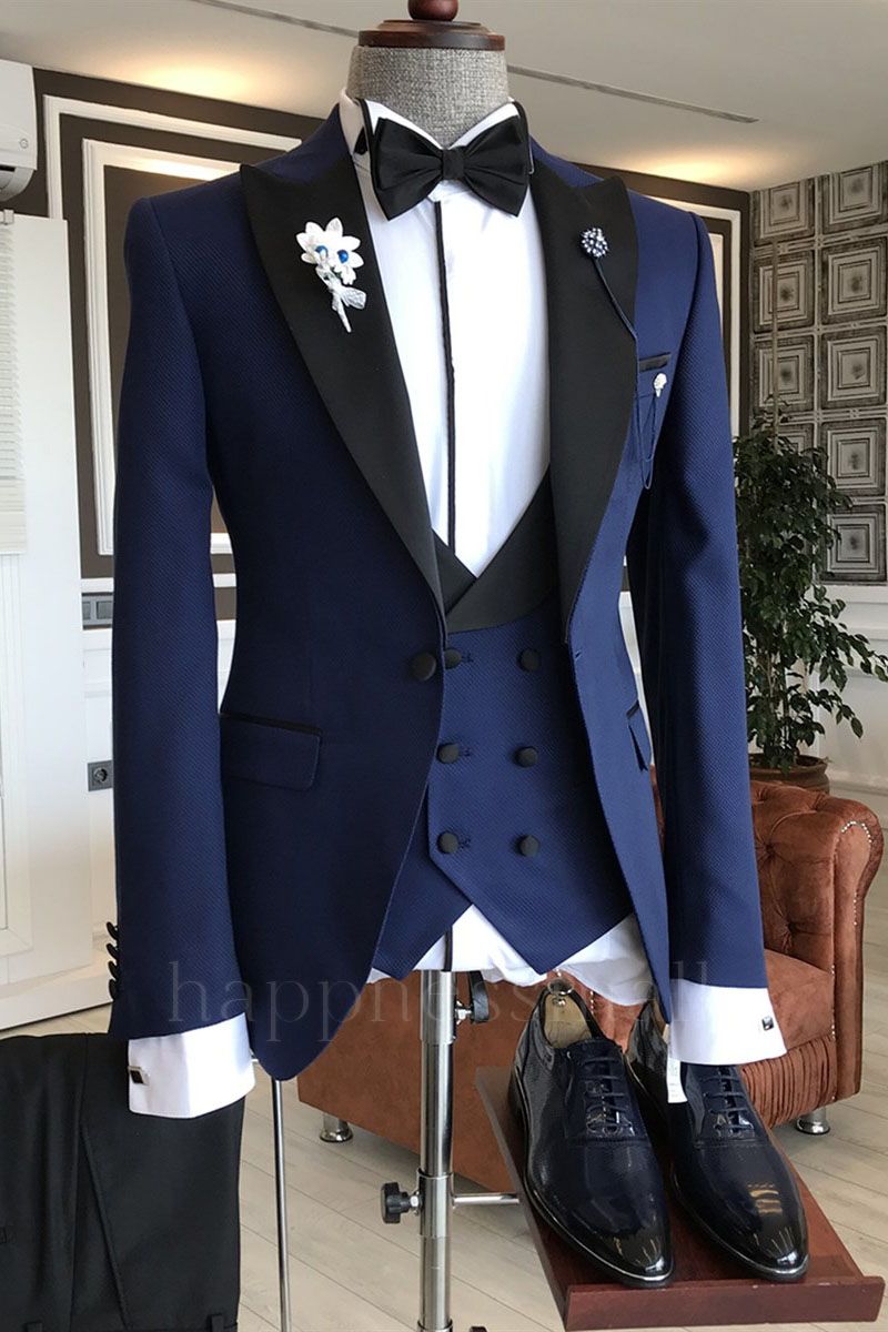 Jaxon Newest Royal Blue 3-Pieces Black Peaked Lapel Double Breasted Men Suits