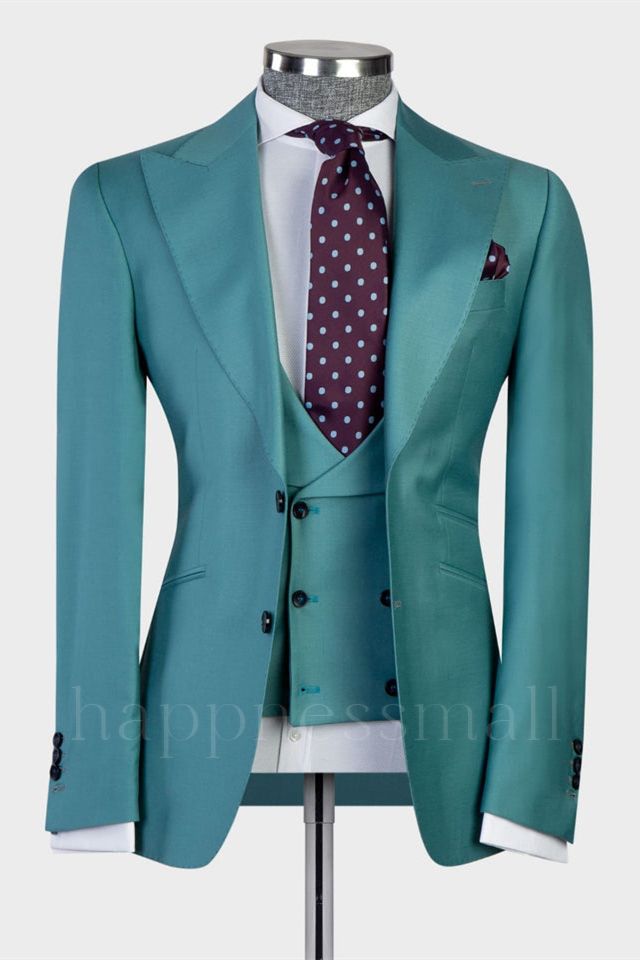 Fashionable Green Peaked Lapel Two Buttons 3-Pieces Men Suits | Happnessmall